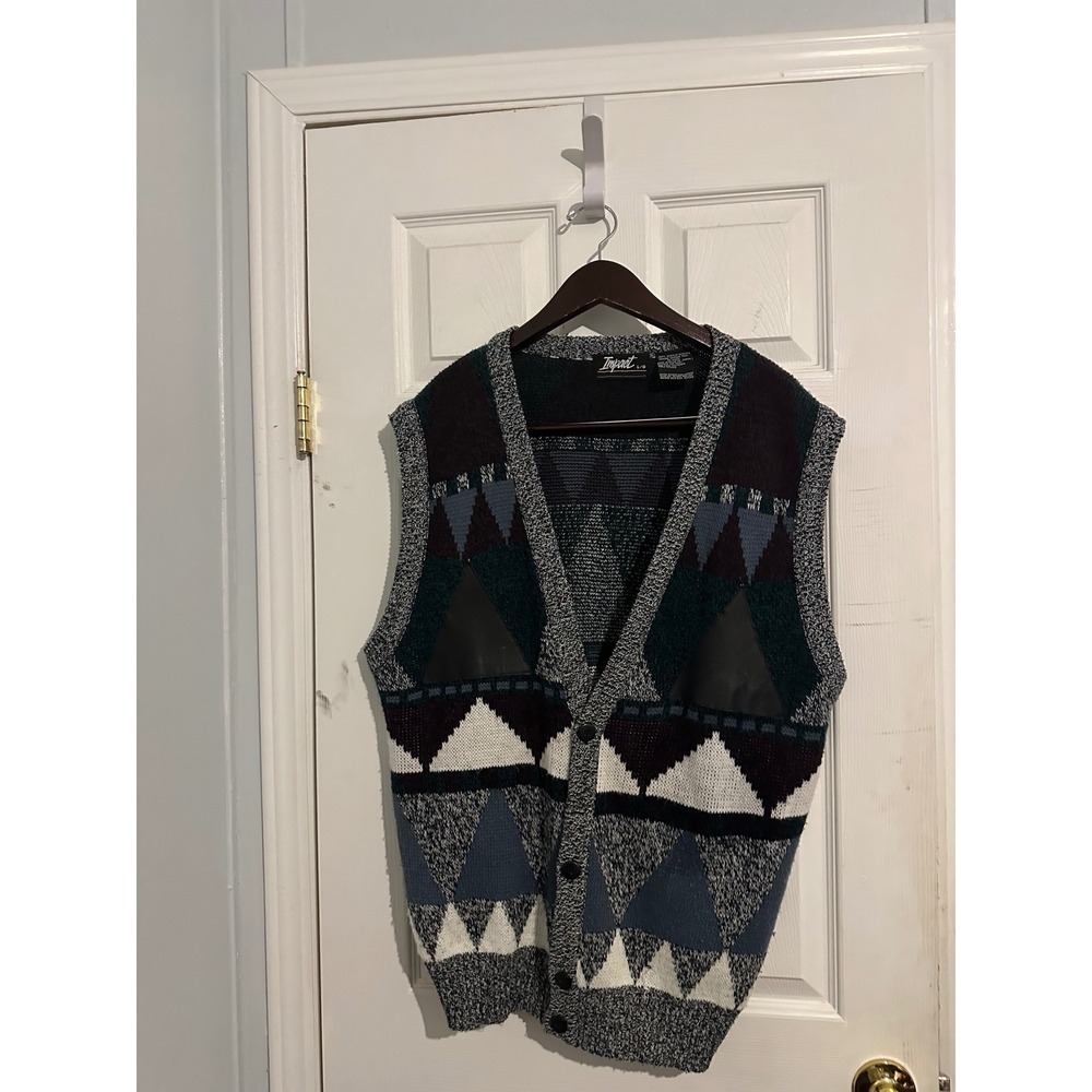 Vintage Impact Geometric Knit Sweater Vest Leather Trim Button Front Mens Large